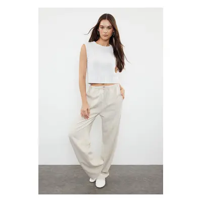 Trendyol Stone Premium Waist Detailed Linen Blended High Waist Wide Leg Trousers