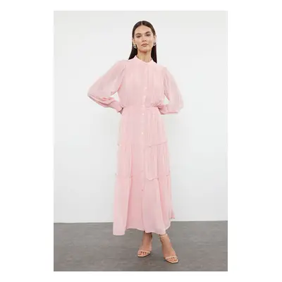 Trendyol Lined Chiffon Woven Shirt Dress with Dusty Rose Sleeves and Waist Gipe Detail