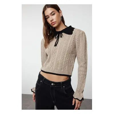 Trendyol Mink Crop Openwork/Hole Ribbon/Bow Detailed Knitwear Sweater