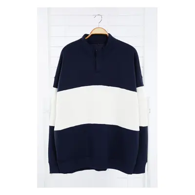 Trendyol Navy Blue Oversize/Wide Cut Stand Collar Color Block Fleece Inside Plus Size Sweatshirt