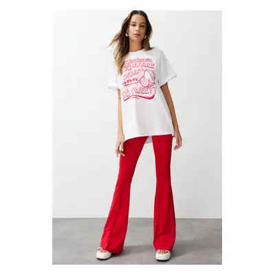 Trendyol White 100% Single Jersey Printed Oversize/Casual Fit Knitted T-Shirt