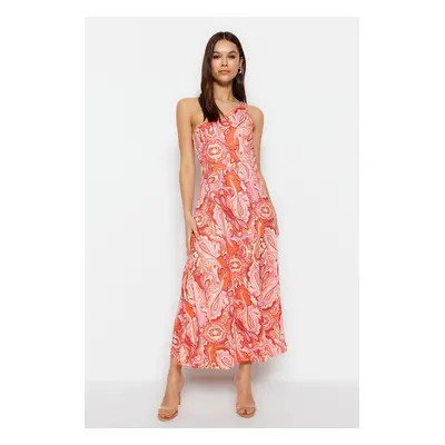 Trendyol Pink One-Shoulder Midi Halter/Skater Knitted Printed Dress