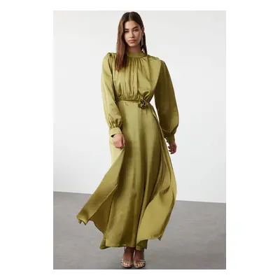 Trendyol Oil Green Satin Rose Detailed Woven Evening Dress