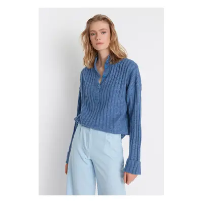 Trendyol Blue Wide Fit Soft Textured High Neck Knitwear Sweater