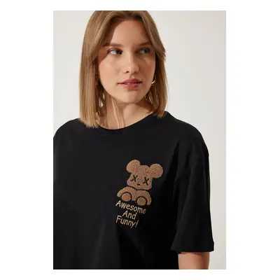 Happiness İstanbul Women's Black Teddy Bear Crest Crop Knitted T-Shirt