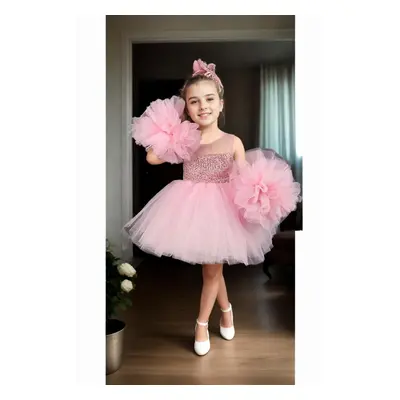 N4732 Dewberry Chiffon Sequined Girls Evening Dress-PINK