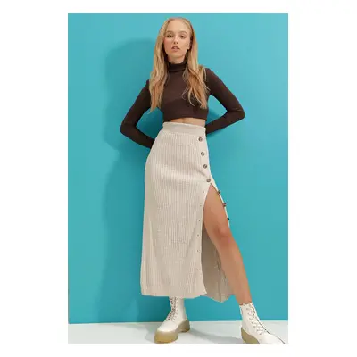 Trend Alaçatı Stili Women's Beige Button Detailed Knitwear Skirt