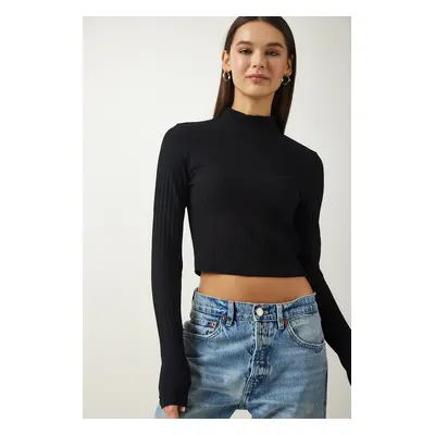 Happiness İstanbul Women's Black Turtleneck Ribbed Crop Knitted Blouse