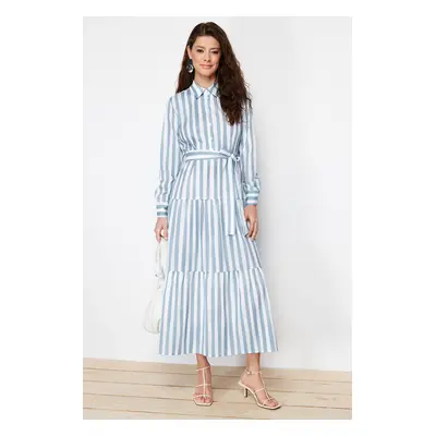 Trendyol Blue Shirt Collar Gradient Striped Belted Woven Dress