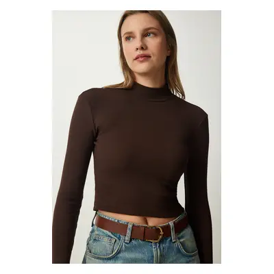 Happiness İstanbul Women's Dark Brown Ribbed Turtleneck Crop Knitted Blouse