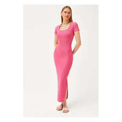 Olalook Women's Fuchsia U Neck Lycra Thin Ribbed Slit Ottoman Dress