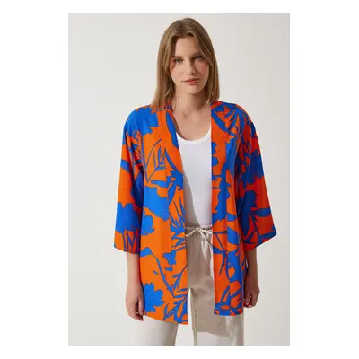 Happiness İstanbul Women's Blue Orange Patterned Viscose Kimono