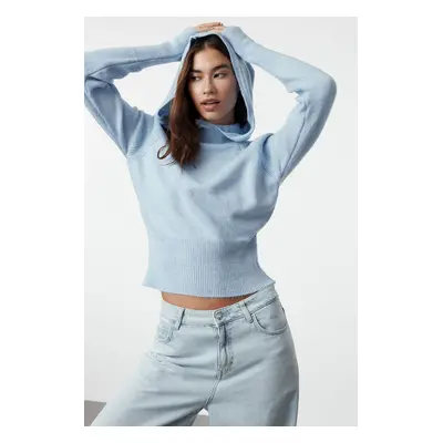 Trendyol Blue Soft Textured Hooded Sleeve Finger-Tucked Knitted Sweater