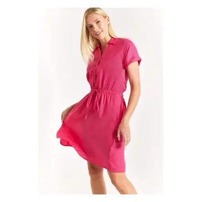 armonika Women's Fuchsia Elastic Waist Short Sleeve Shirt Dress.