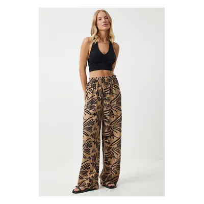 Happiness İstanbul Women's Dark Beige Patterned Flowing Viscose Palazzo Trousers