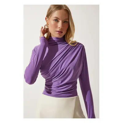 Happiness İstanbul Women's Lilac Gathered Detailed High Neck Sandy Blouse