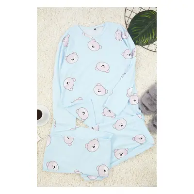 Trendyol Curve Light Blue Teddy Bear Patterned Knitted Pajama Set