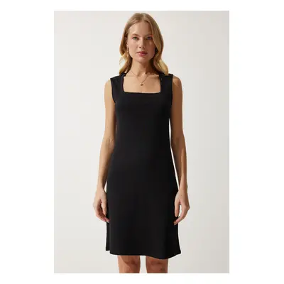 Happiness İstanbul Women's Black Square Neck Thick Strap Knitted Dress