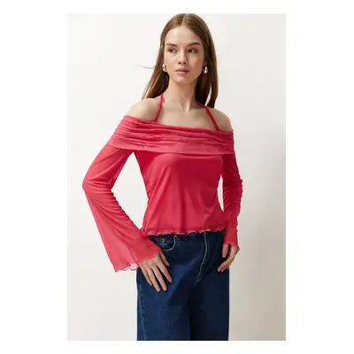 Trendyol Fuchsia Flare Sleeve Tie Detailed Knitted Madonna Collar Blouse