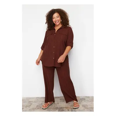 Trendyol Curve Brown Textured Button-Woven Shirt-Trousers Plus Size Bottom-Top Set