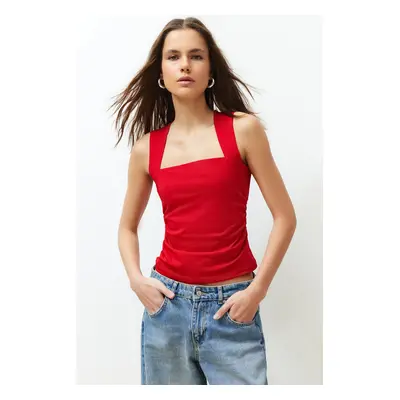 Trendyol Red Plain Square Neck Strap Gathered Knitted Blouse