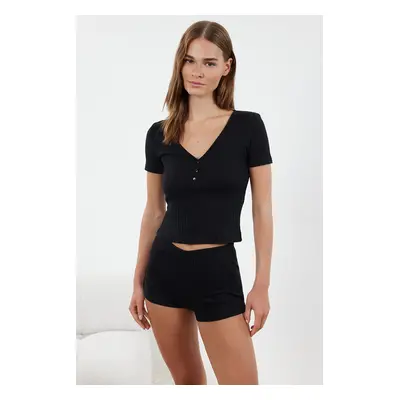 Trendyol Black Button Detailed Ribbed Knitted Pajama Set