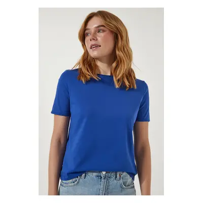 Happiness İstanbul Women's Blue Crew Neck Basic Knitted T-Shirt