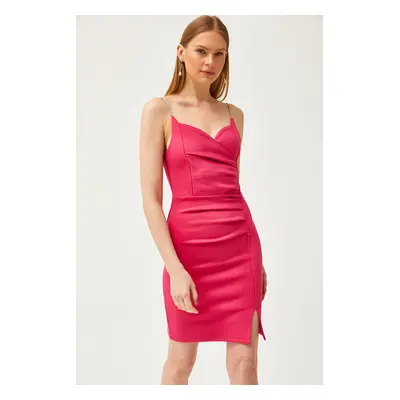 Olalook Women's Fuchsia Stone Strap Slit Mini Diving Dress