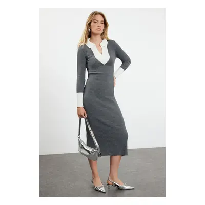 Trendyol Anthracite Midi Knitwear Color Block Dress