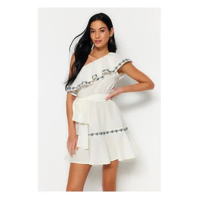 Trendyol Ecru Belted Mini Weave Stripe Accessoried One-Shoulder 100% Cotton Beach Dress