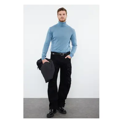 Trendyol Petrol Slim Cotton Turtleneck Plain Knit Sweater