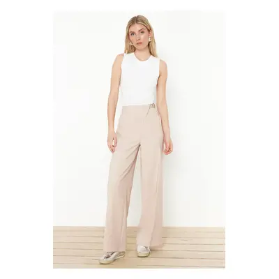 Trendyol Beige Belted Wide Leg Woven Trousers with Iron Traces