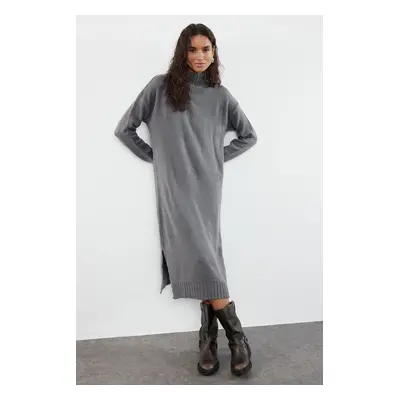 Trendyol Anthracite Midi Knit Wide Pattern Soft Texture Dress