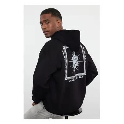 Trendyol Black Oversize/Wide Cut Hooded Mystic Printed Fleece/Warm Sweatshirt