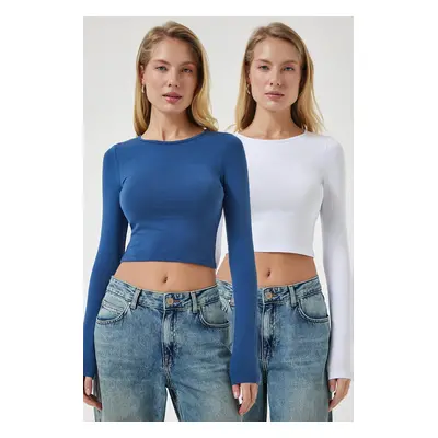 Happiness İstanbul Women's White Indigo Blue Crew Neck Basic 2-Pack Crop Knitted Blouse