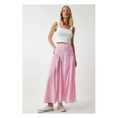 Happiness İstanbul Women's Pink Gingham Flounce Summer Poplin Skirt