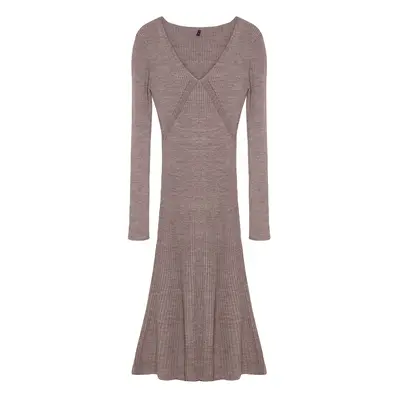 Trendyol Beige Midi Knitwear Dress with Frilled Hem