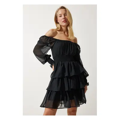 Happiness İstanbul Women's Black Flounce Chiffon Dress