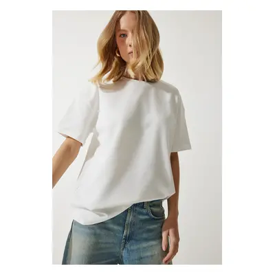 Happiness İstanbul Women's White Loose Basic Cotton T-Shirt