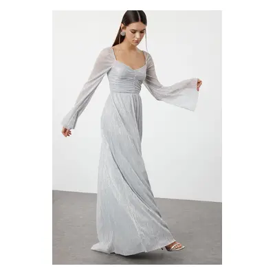 Trendyol Silver A-Cut Knitted Evening Dress & Graduation Dress