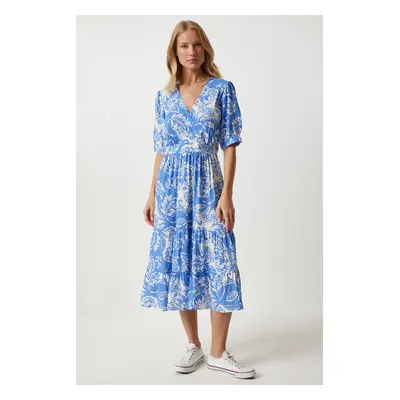 Happiness İstanbul Women's Blue Wrap Collar Floral Summer Viscose Dress