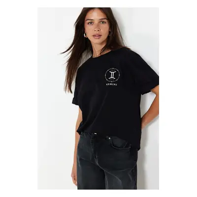 Trendyol Black More Sustainable 100% Cotton Zodiac Sign Embroidered Relaxed/Comfortable Pattern 