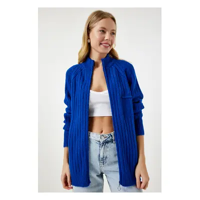 Happiness İstanbul Women's Dark Blue Zippered Knitwear Cardigan