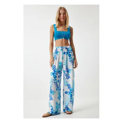 Happiness İstanbul Women's Sky Blue White Patterned Loose Viscose Palazzo Trousers