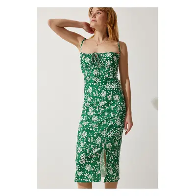 Happiness İstanbul Women's Dark Green Floral Slit Summer Knitted Dress