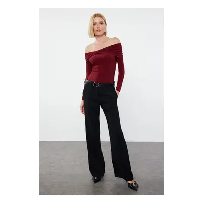 Trendyol Burgundy Ruffle/Drape Detailed Fitted Long Sleeve Stretchy Knitted Blouse