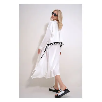 Trend Alaçatı Stili Women's White Back Cape and Tassel Detailed Buttoned Woven Shirt Dress