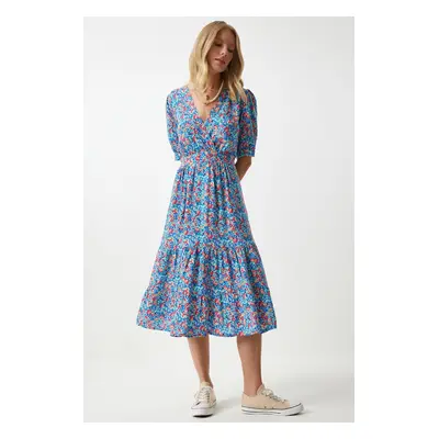 Happiness İstanbul Women's Pink Blue Wrap Collar Floral Summer Viscose Dress