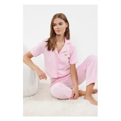 Trendyol Powder Bear Embroidered Ribbed Knitted Pajama Set