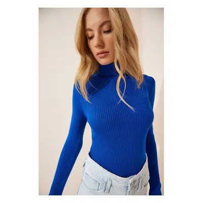 Happiness İstanbul Women's Blue Turtleneck Ribbed Lycra Knitwear Sweater